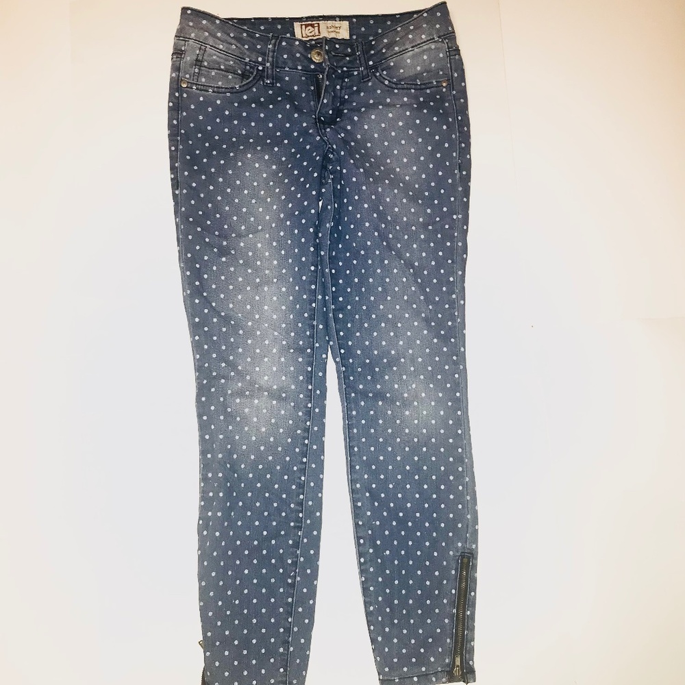 Y2K LEI Ashley Low Rise Skinny Jeans Blue with White Polka Dots Size 1/Juniors